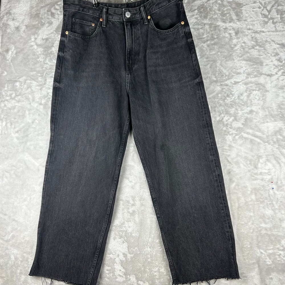 H&M Loose Fit Wide Leg Cropped Black Denim Jeans Raw‎ Hem Women Size 32/32